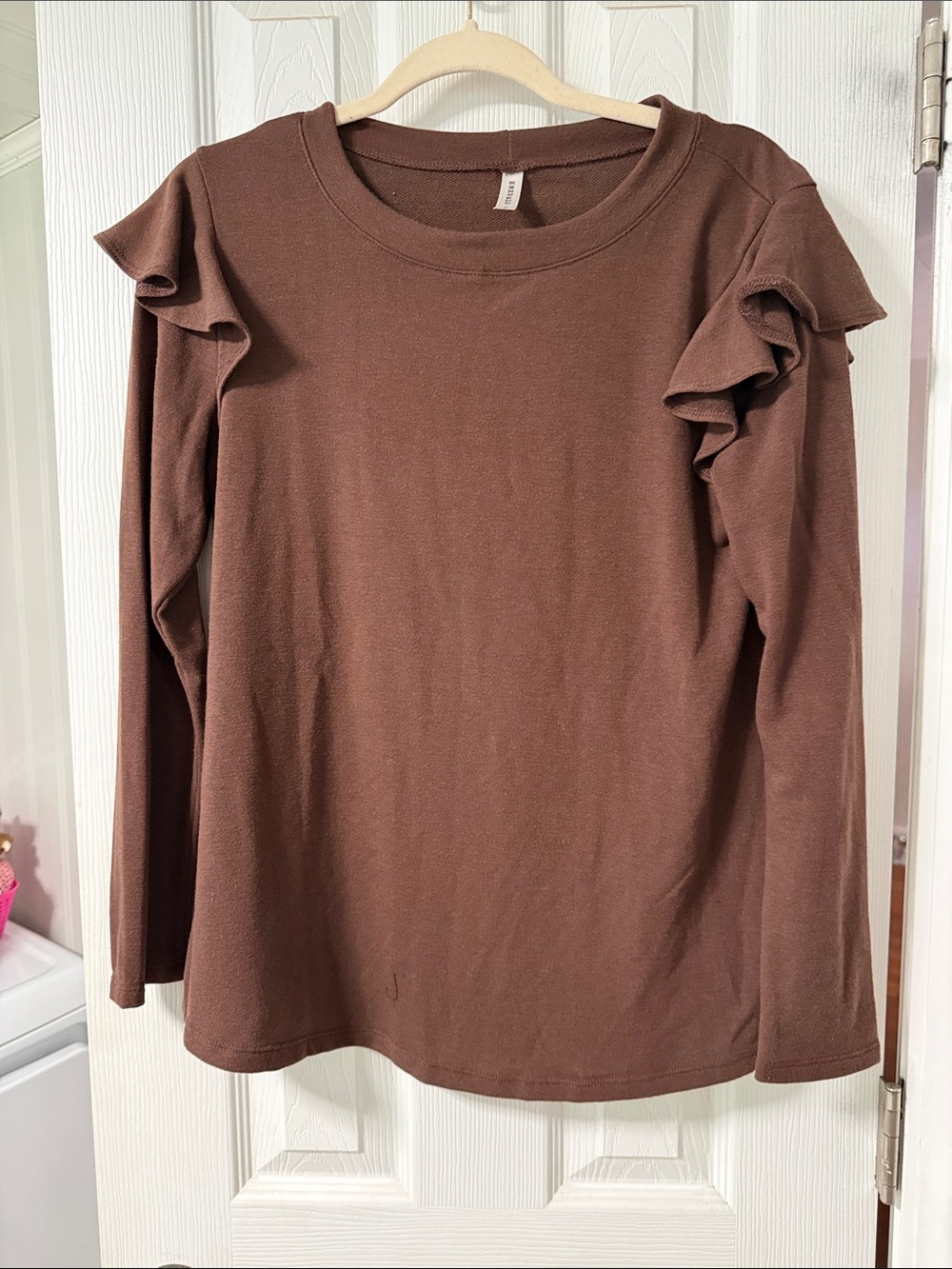Emerald Brown Ruffle-Shoulder Long Sleeve Tee